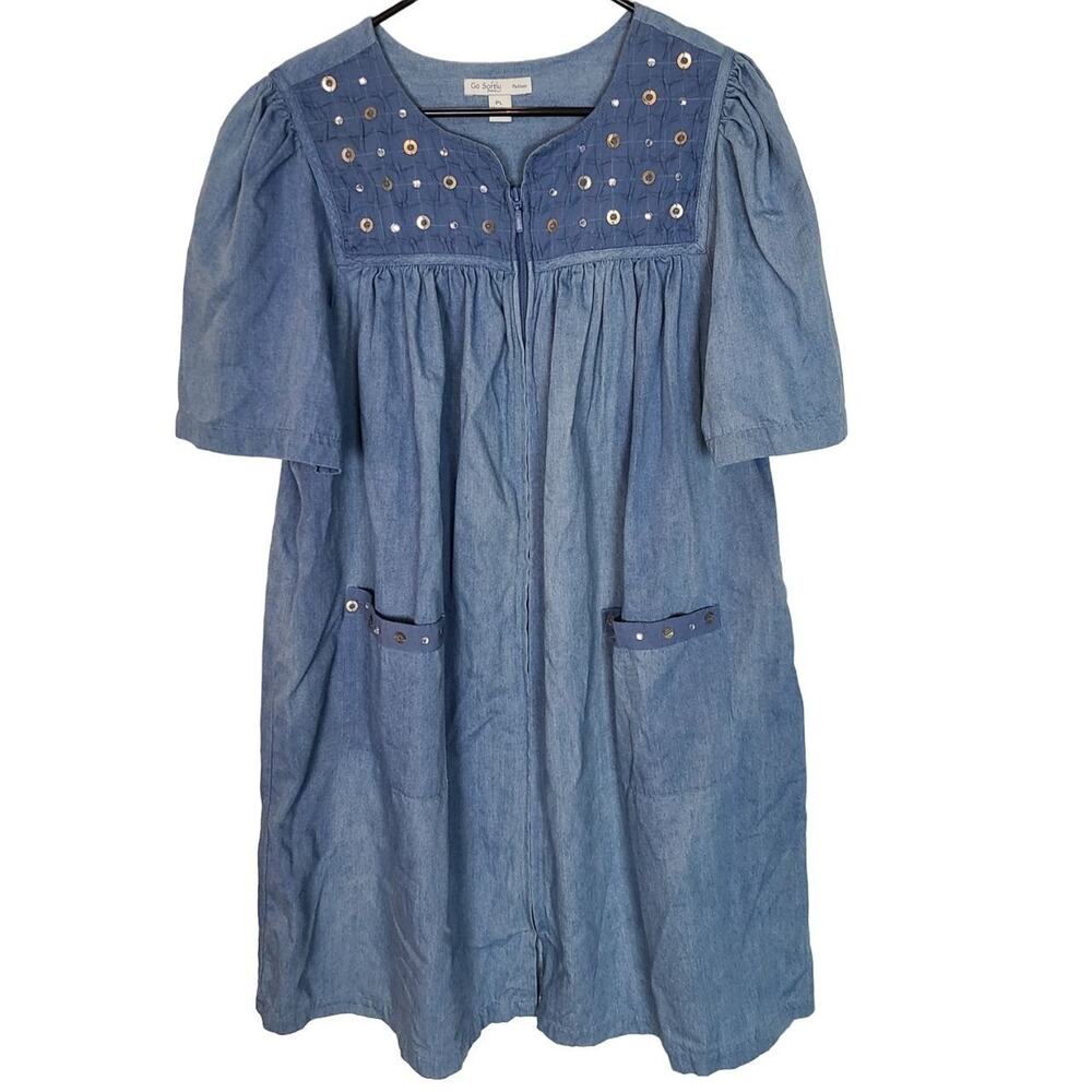 Go Softly Patio Womens Full Zip Chambray House Dress Sz PL Comfort Kaftan Cotton